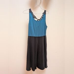 Teal and Black Sleeveless Dress with Lace Back
